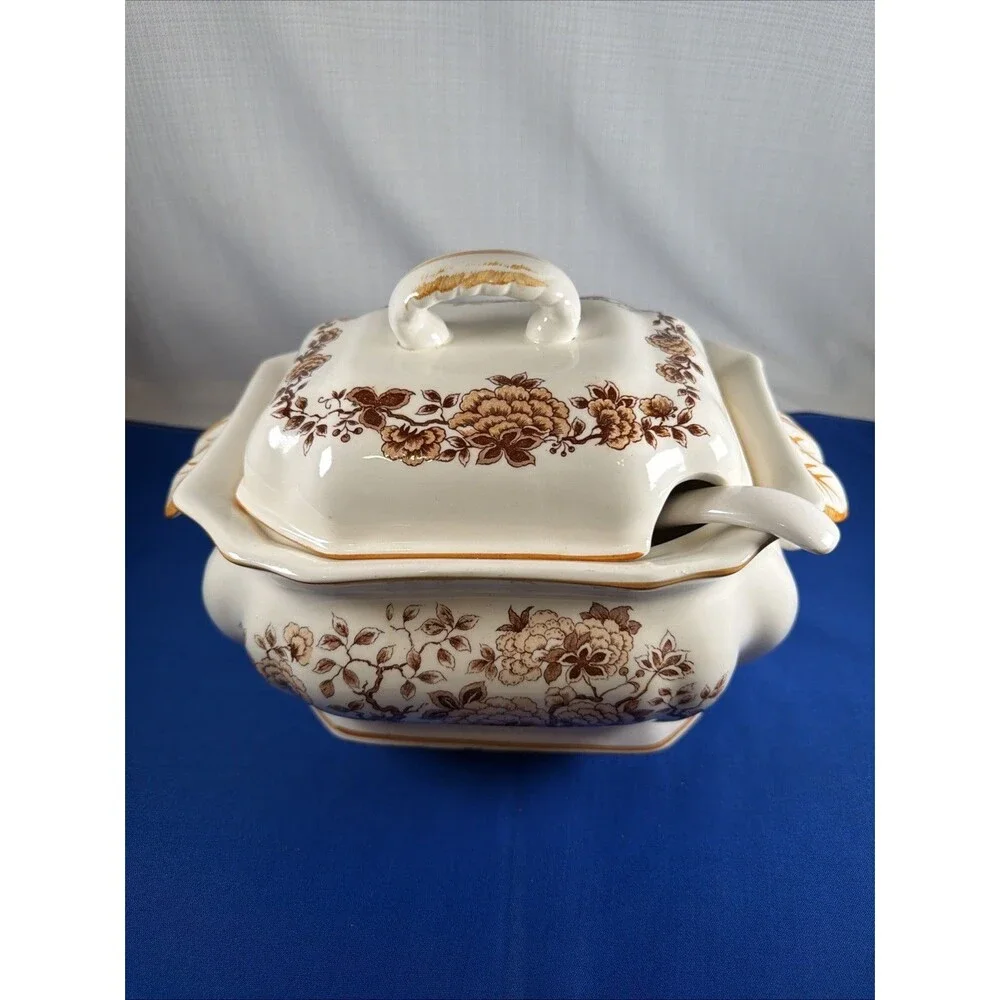 Vtg Soup Tureen Ladle Lid Brown Orange Floral Chintz Ceramic Japan Mid Century